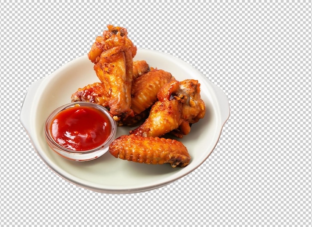 Ailes de poulet fraîches frites avec sauce tomate sur couche alpha