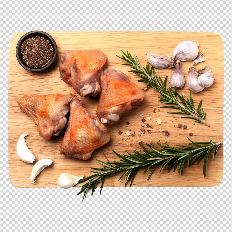 PSD des ailes de poulet, des herbes, de l'ail et du couteau sur une planche de bois isolée sur un fond transparent
