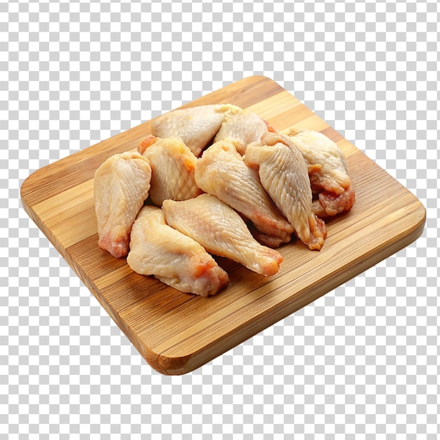 PSD ailes de poulet sur une planche de coupe en bois isolée sur un fond transparent