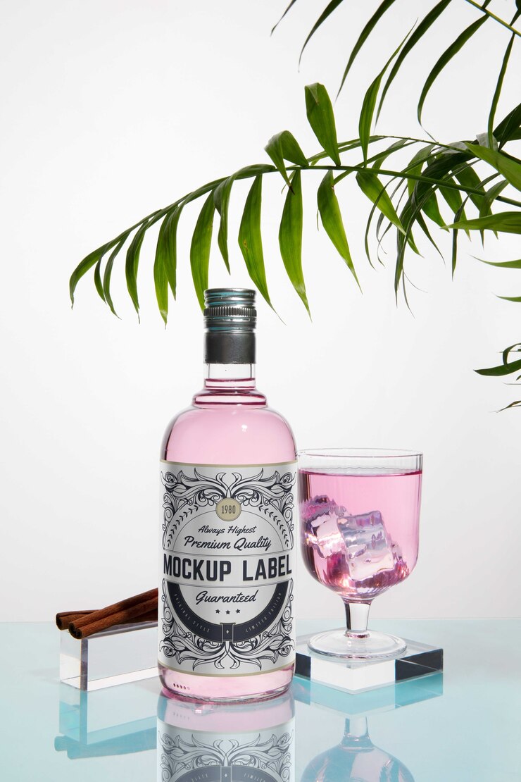 PSD ainda vida de garrafa de gin com maquete de rótulo