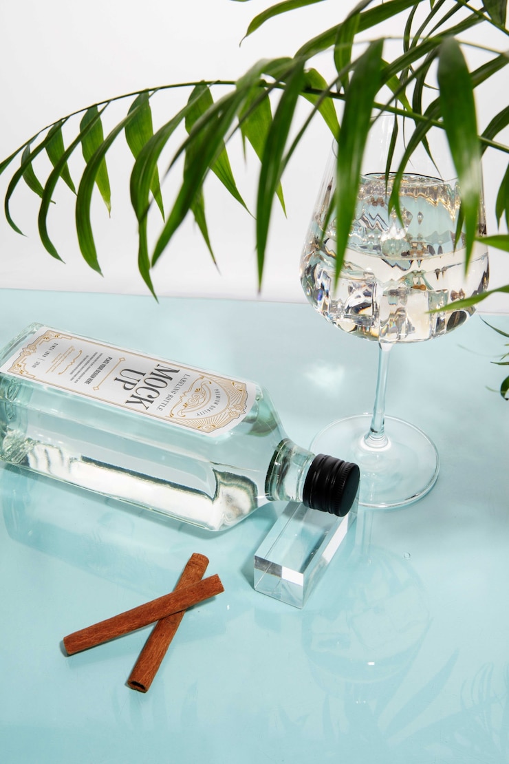PSD ainda vida de garrafa de gin com maquete de rótulo