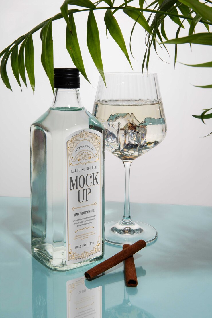PSD ainda vida de garrafa de gin com maquete de rótulo