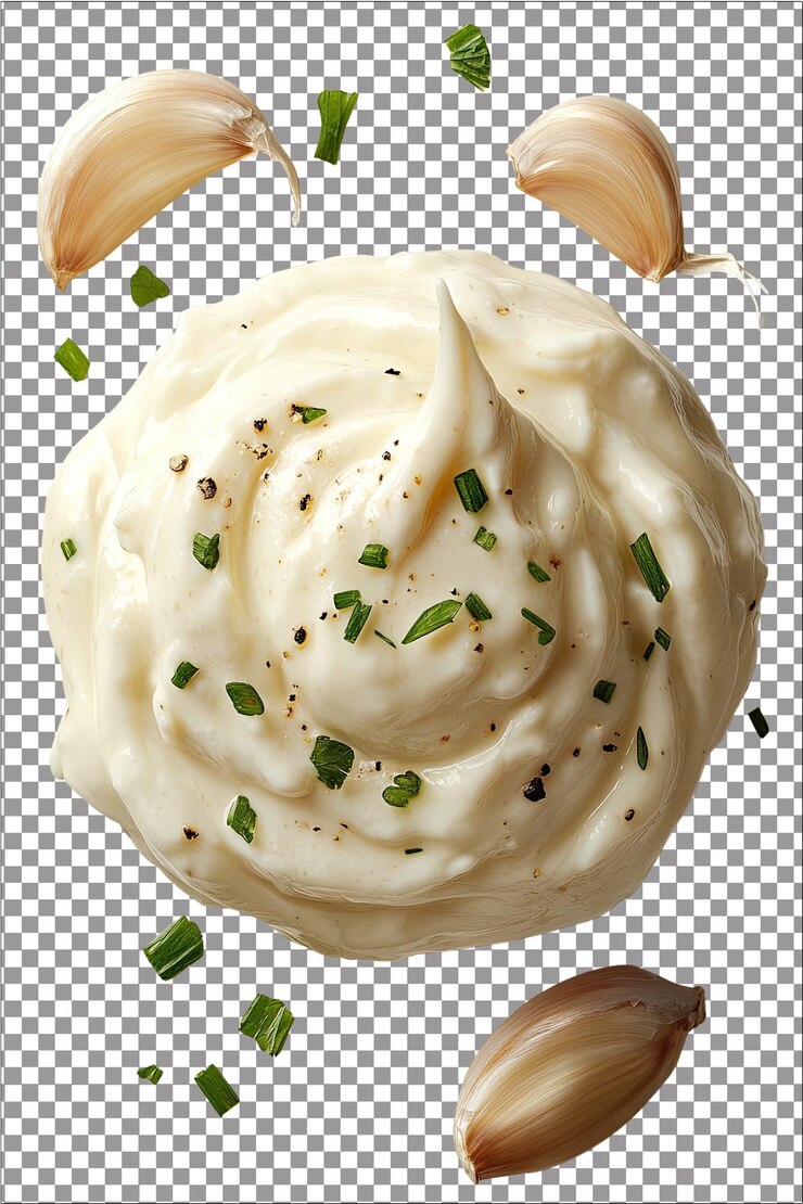 Aioli de ajo Cremoso y con ajo perfecto para sumergir o esparcir Hiperrealista Pl blanco aislado