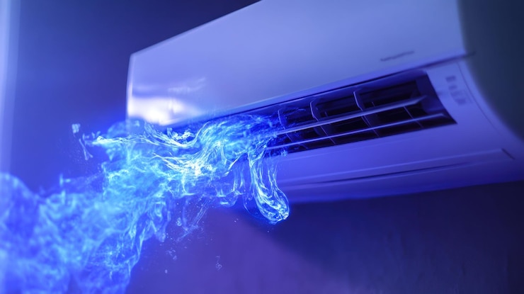 PSD el aire acondicionado sopla una corriente de aire azul frío