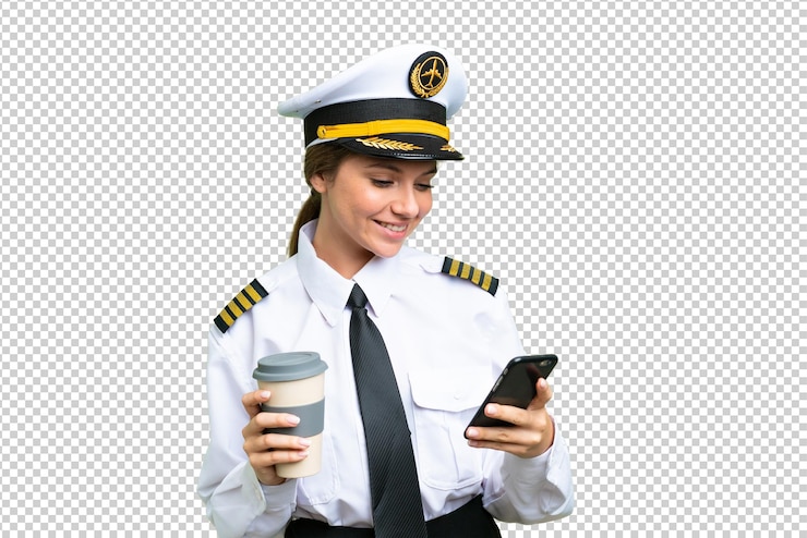 PSD airplane pilot woman over isolated chroma key background holding coffee to take away and a mobile