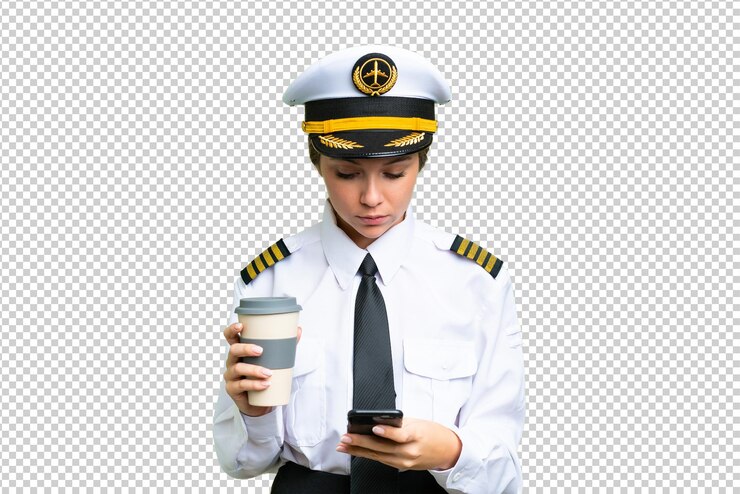 PSD airplane pilot woman over isolated chroma key background holding coffee to take away and a mobile