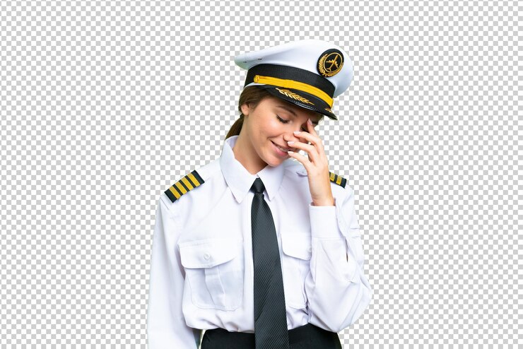 PSD airplane pilot woman over isolated chroma key background laughing