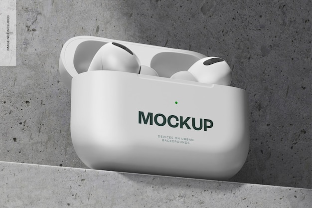 AirPods com estojo em maquete de concreto