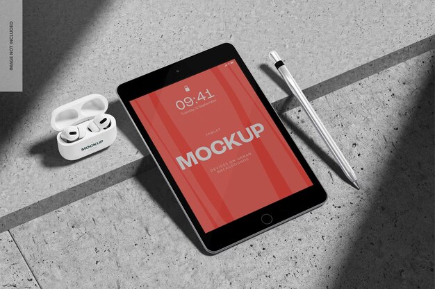 AirPods con iPad Mini su sfondo urbano Mockup, appoggiato