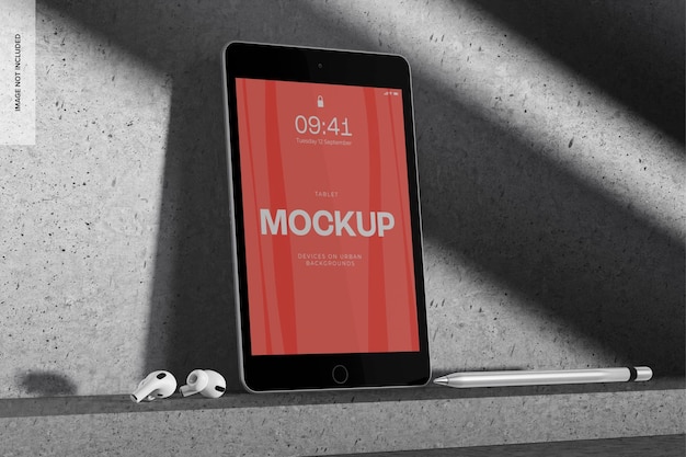 AirPods con iPad Mini su sfondo urbano Mockup, vista a sinistra