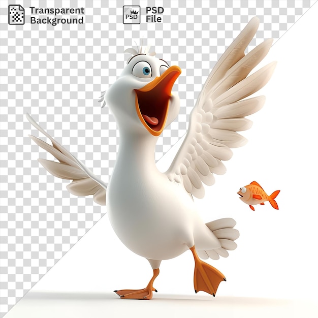 PSD aislada gaviota de dibujos animados en 3d que grita con un pez en su pico acompañada de un pájaro blanco y un pez naranja mientras que su pie naranja y el ala blanca son visibles en el