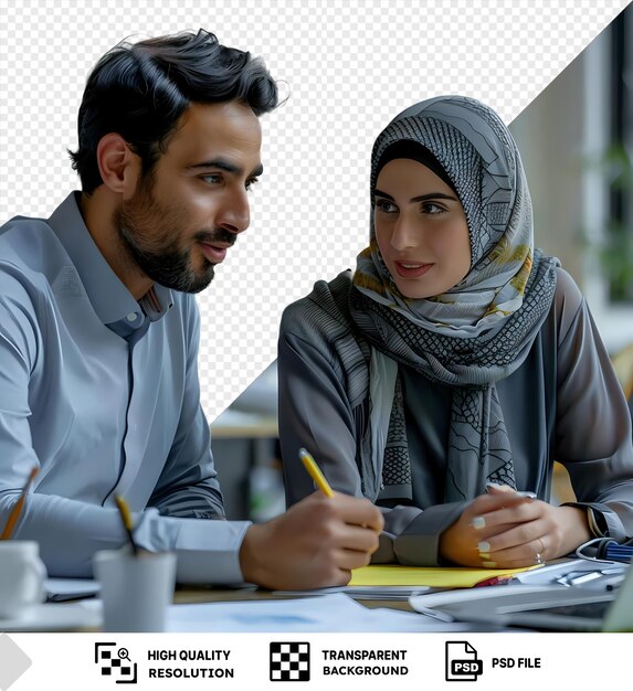 aislado un hombre y una mujer en la oficina hablando y discutiendo un proyecto con el hombre con una camisa azul y gris y una bufanda gris y la mujer con una bufanta gris y un png psd