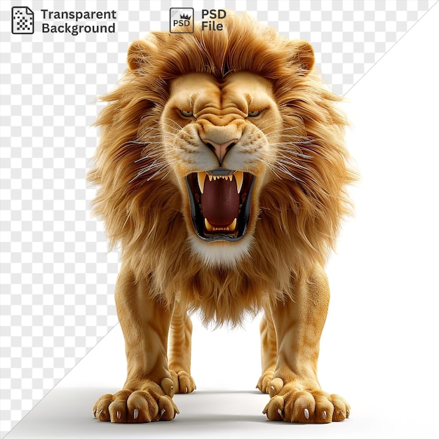 Aislado león animado 3d rugiendo majestuosamente en un fondo aislado con orejas marrones ojos y nariz y una boca abierta