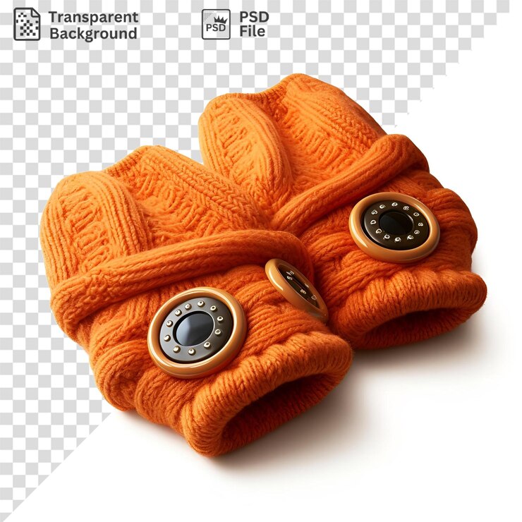 PSD aislado un par de guantes de punto naranja en un fondo blanco