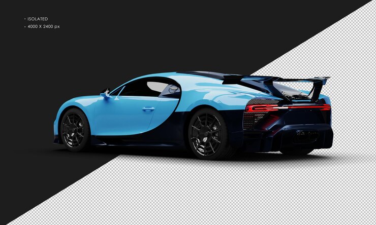 PSD aislado realista azul metálico racing sedán sport super car desde la vista trasera izquierda