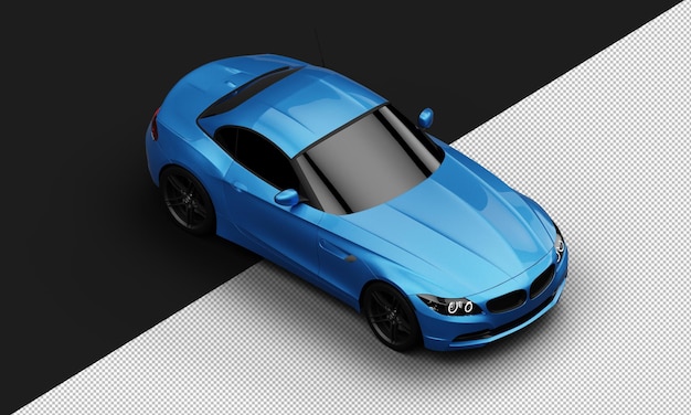Aislado realista brillante metálico azul elegante super sport city car desde la parte superior derecha vista frontal