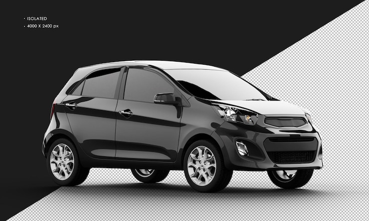 PSD aislado realista brillante metálico negro pequeño mini city car desde la vista frontal derecha