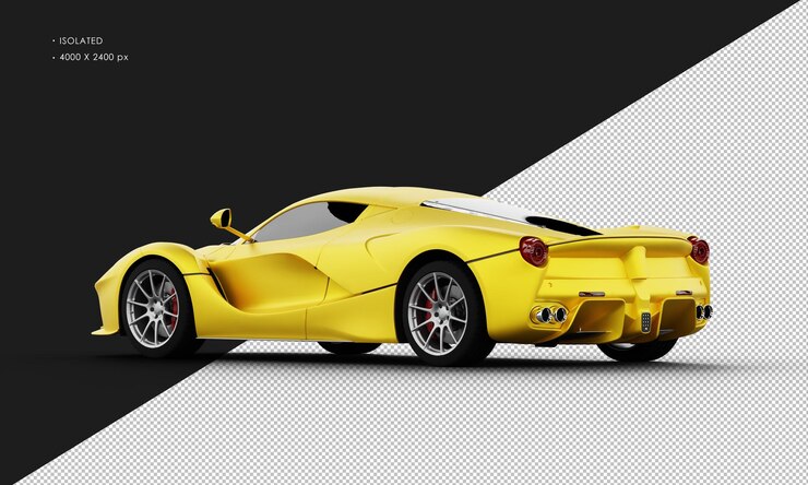 PSD aislado realista metal metalic titanio amarillo sedan super sport car desde la vista trasera izquierda