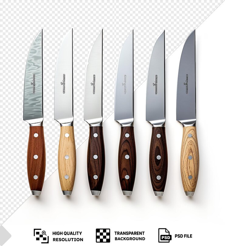 PSD aislados cuchillos fotográficos realistas de cocineros de varios tamaños y estilos, incluidos cuchillos de plata y madera con mangos de marrón y madera, se muestran en una pared blanca