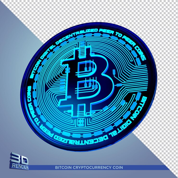 PSD aislante de representación 3d de criptomoneda bitcoin de moneda de neón negro