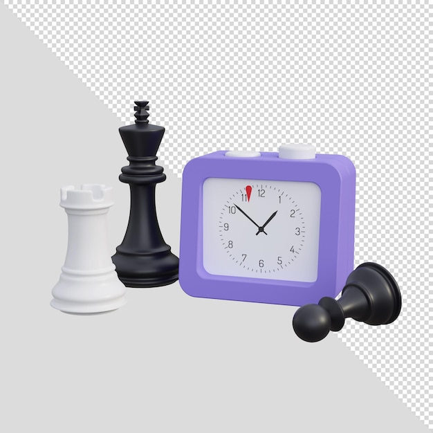 PSD ajedrez de renderizado 3d con temporizador de reloj en blanco y negro