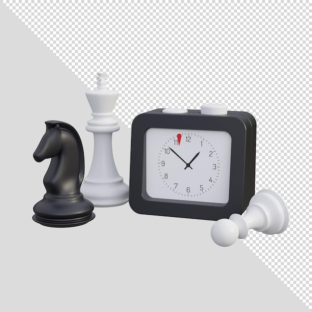 PSD ajedrez de renderizado 3d con temporizador de reloj en blanco y negro