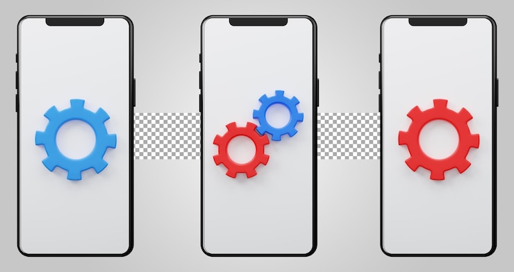 PSD ajuste de engranaje 3d de configuración de teléfono inteligente aislado sobre fondo transparente