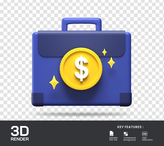 Aktenkoffer-dollar-münze 3d-darstellung