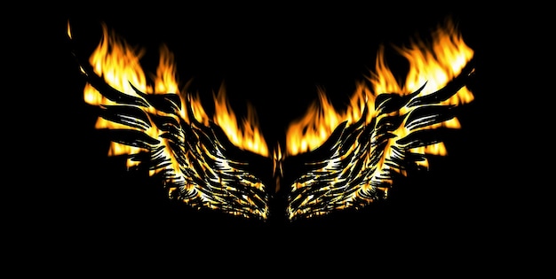 ala d'angelo fiammeggiante isolata su sfondo nero