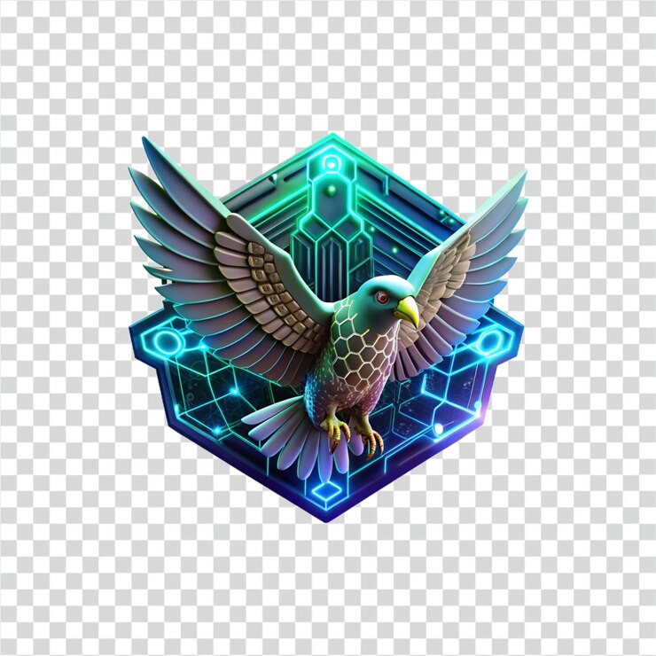 PSD las alas digitales del halcón cibernético en un hexágono tecnológico