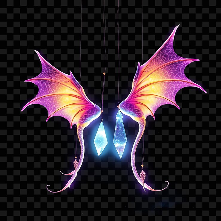 PSD alas de dragón de cuerdas decorativas y cristales brillantes energía de neón irradia de las alas iluminación