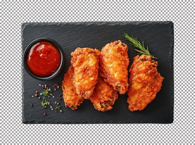 Alas de pollo fritas y crujientes servidas con salsa picante y hierbas frescas en un plato de pizarra negra