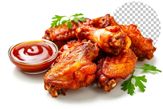 Alas de pollo fritas con salsa aisladas sobre un fondo transparente