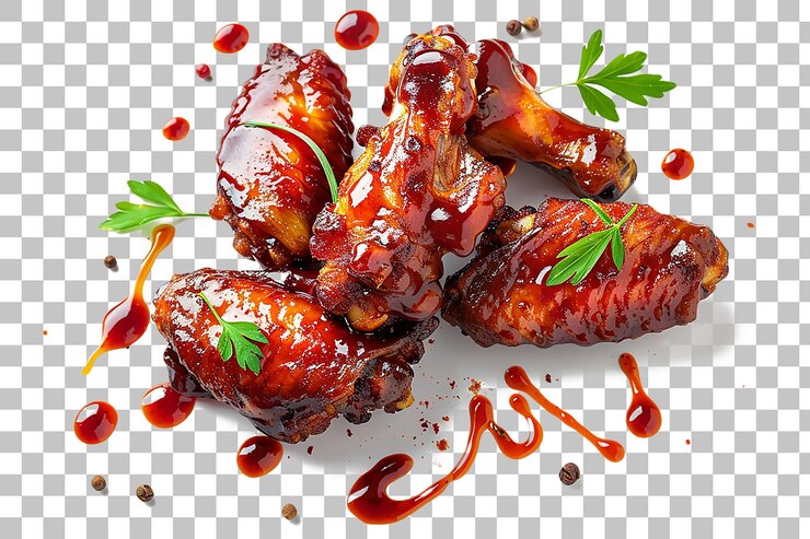 PSD alas de pollo fritas volando con salsa picante y salpicaduras de especias en un fondo transparente
