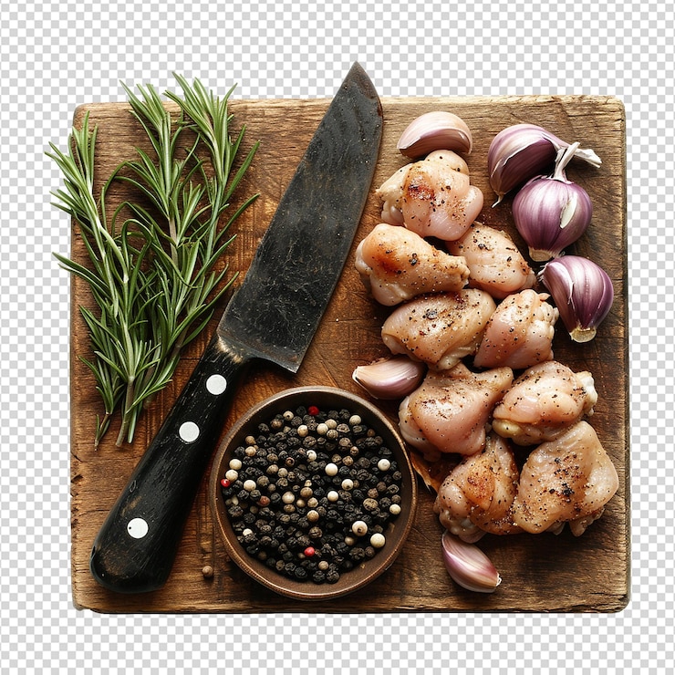 PSD alas de pollo, hierbas, ajo y cuchillo en una tabla de madera aislada sobre un fondo transparente