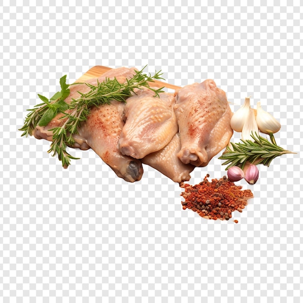Alas de pollo, hierbas, ajo y cuchillo en una tabla de madera aislada sobre un fondo transparente