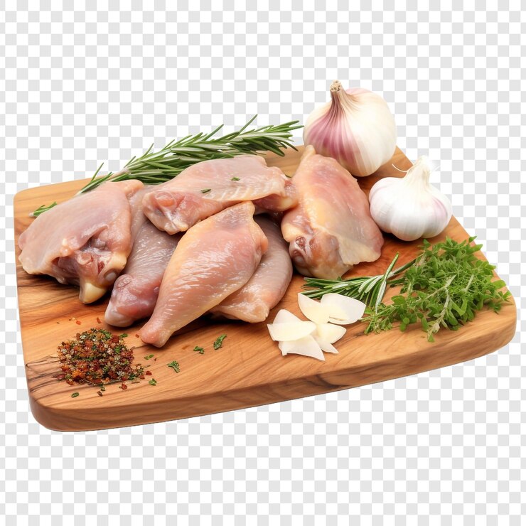 PSD alas de pollo, hierbas, ajo y cuchillo en una tabla de madera aislada sobre un fondo transparente