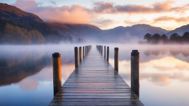 PSD alba nebbiosa su un lago calmo con un molo di legno