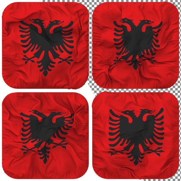 PSD albanien-flagge, knappenform, isoliert, unterschiedlicher wehender stil, bump-textur, 3d-rendering