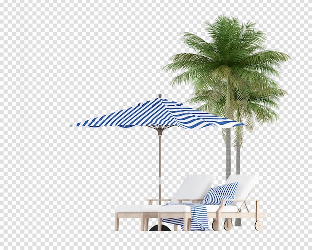 Alberi di cocco con sedia a sdraio in rendering 3d