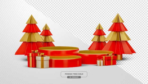 Alberi di Natale rossi e dorati con base rossa e scatole regalo in rendering 3D