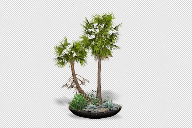 Alberi tropicali e piante di fiori nel rendering 3d isolato