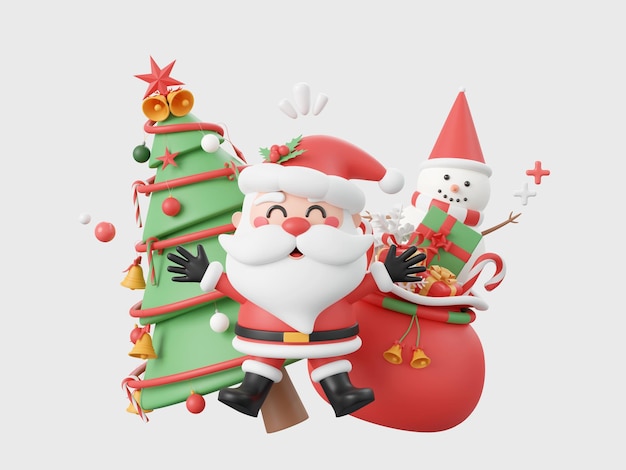 Albero di Natale con Babbo Natale e pupazzo di neve elementi a tema natalizio illustrazione 3d