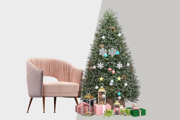 Albero di Natale e poltrona in 3d rendering