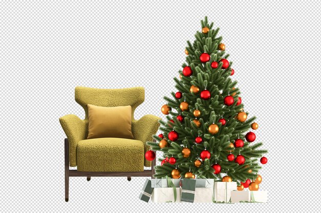 albero di Natale e poltrona in rendering 3D