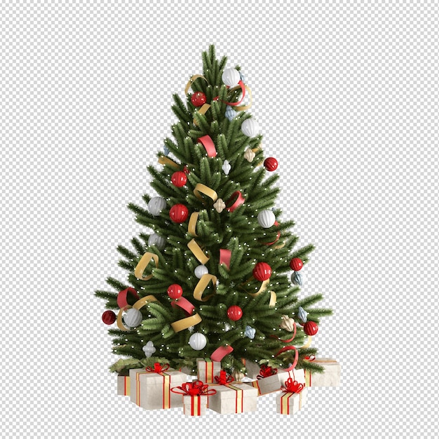 Albero di Natale, regali e poltrona in 3d resi isolati