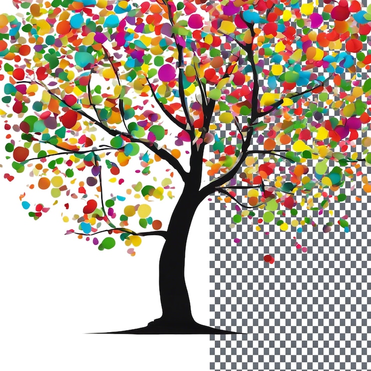 PSD albero primaverile dai colori vivaci isolato su uno sfondo trasparente