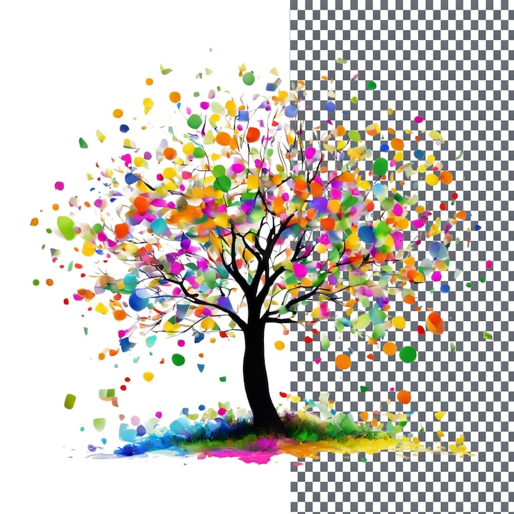 PSD albero primaverile dai colori vivaci isolato su uno sfondo trasparente