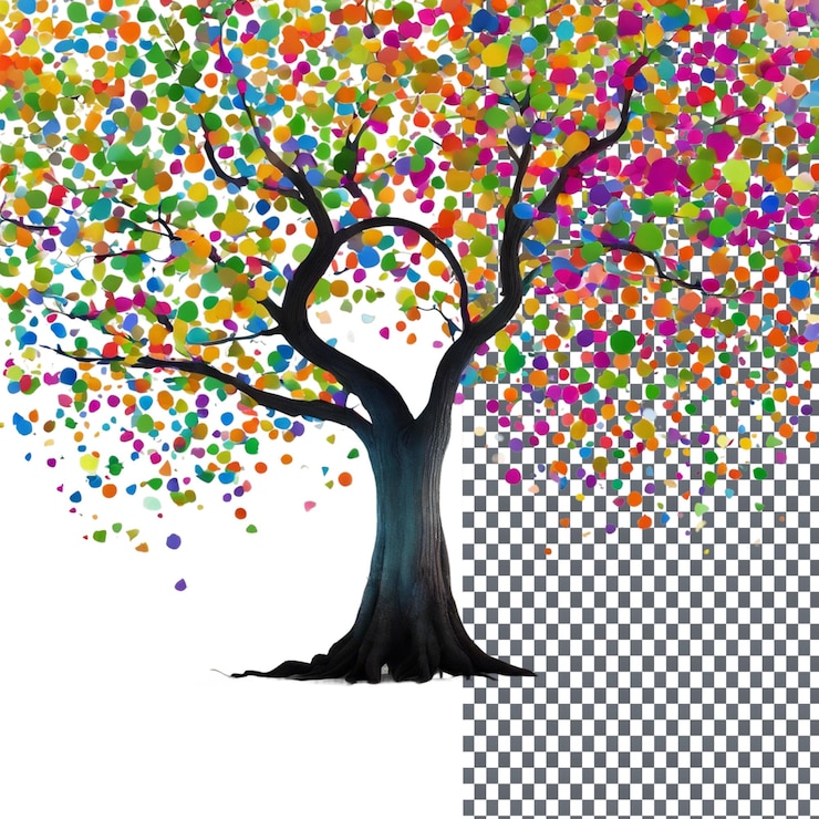 PSD albero primaverile dai colori vivaci isolato su uno sfondo trasparente