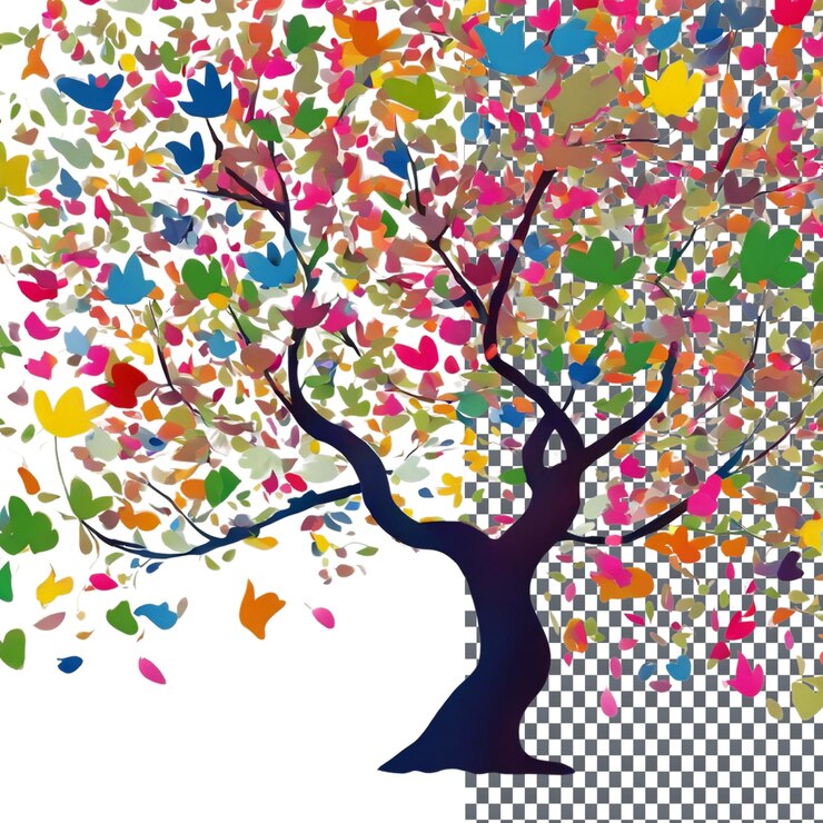 PSD albero primaverile dai colori vivaci isolato su uno sfondo trasparente